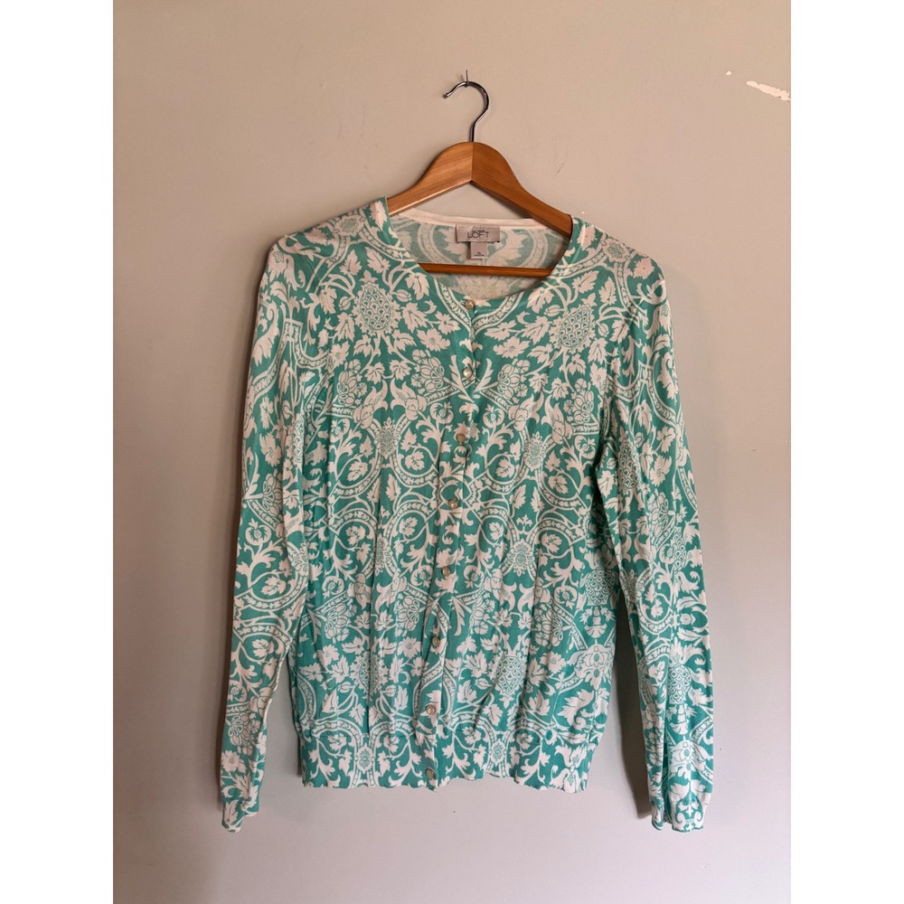 LOFT Damask Floral Cardigan Teal White Pima‎ Cotton Womens XL